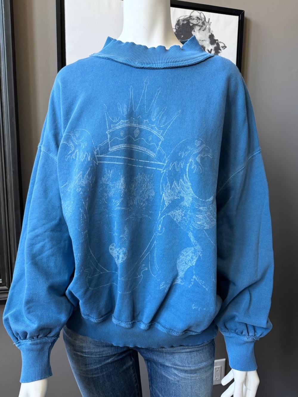 We The Free Blue Oversized Crewneck Sweater with Faded Crest Graphic